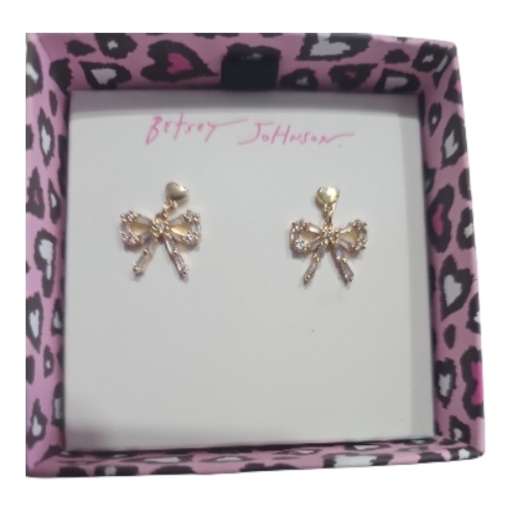 New Betsey Johnson Gold Bow Drop Earrings with rhinestine accents Post Backs